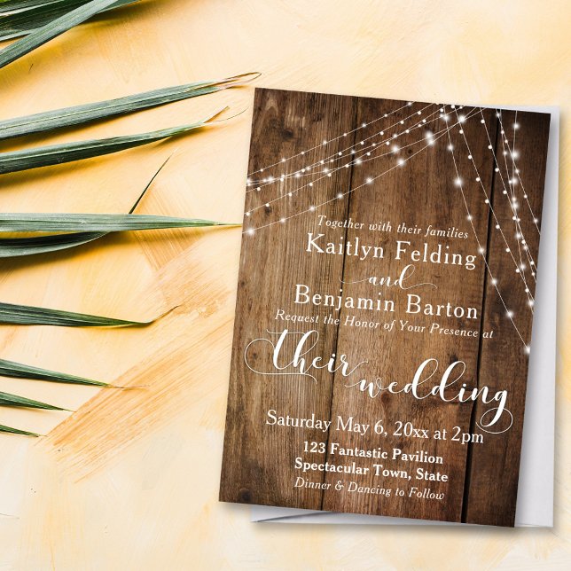 Invitación Madera Rústica Marrón, Boda de Cadenas de Luz Blan (Subido por el creador)