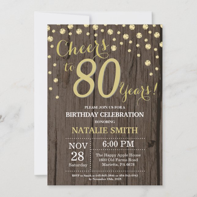 Invitación Madera Rústica Oro Cumpleaños 80 Diamante (Anverso)
