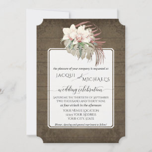 Invitación Madera Rústica Orquídea Blanca Floral Follaje Trop