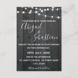 Invitación Madera Rústica Oscura, con String Lights.