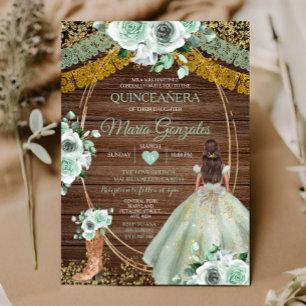 Invitación Madera Rústica Sage Green Mexicana Quinceañera