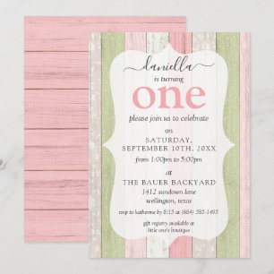 Invitación Madera rústica verde salvia y rosa floral Cumpleañ