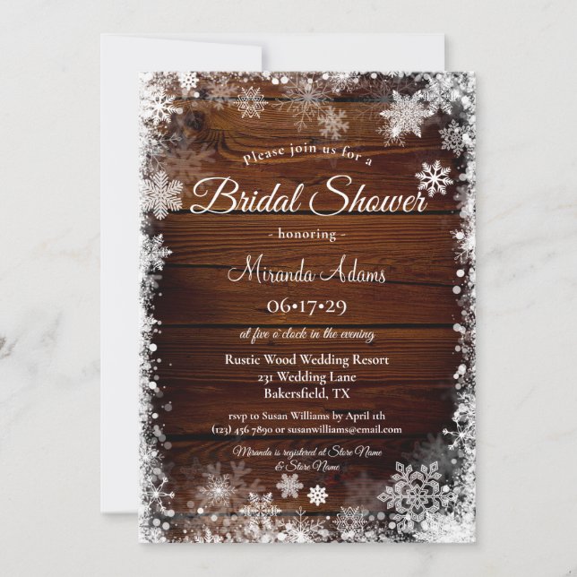 Invitación Madera rústica y ducha de novias con nieve (Anverso)