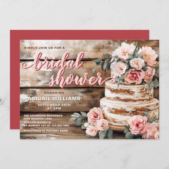 Invitación Madera rústica y ducha de novias con pastel rosa r (Anverso / Reverso)
