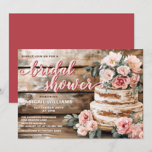 Invitación Madera rústica y ducha de novias con pastel rosa r