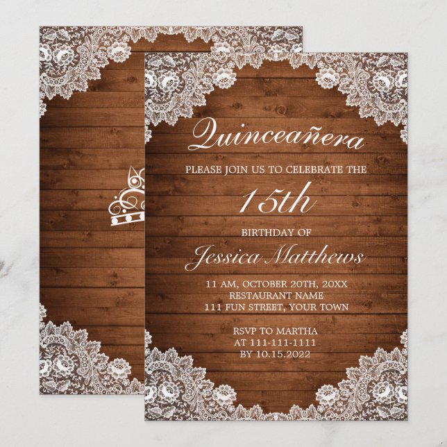 Invitación Madera rústica y encaje blanco Tiara Quinceañera (Anverso / Reverso)