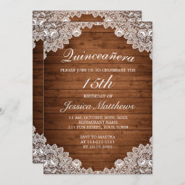 Invitación Madera rústica y encaje blanco Tiara Quinceañera