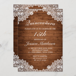 Invitación Madera rústica y encaje blanco Tiara Quinceañera