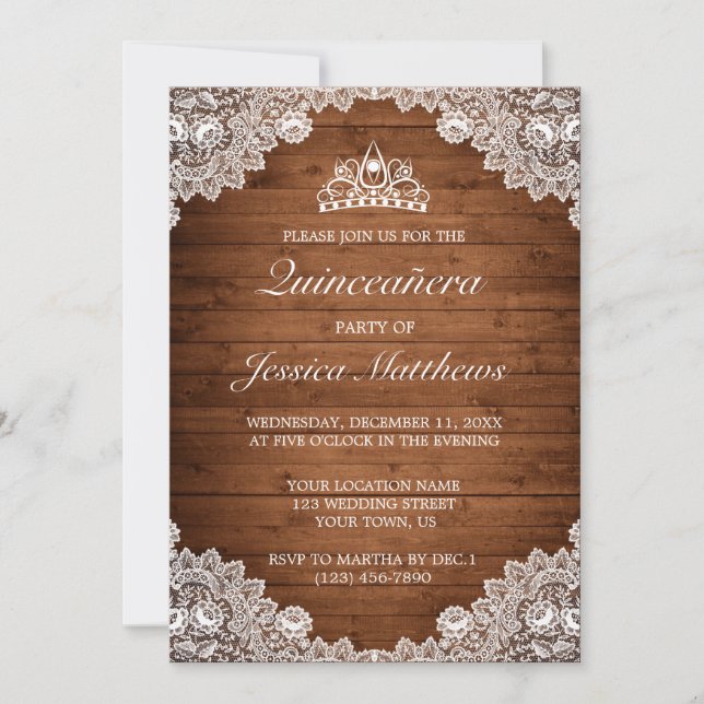 Invitación Madera rústica y encaje blanco Tiara Quinceañera (Anverso)