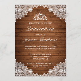 Invitación Madera rústica y encaje blanco Tiara Quinceañera