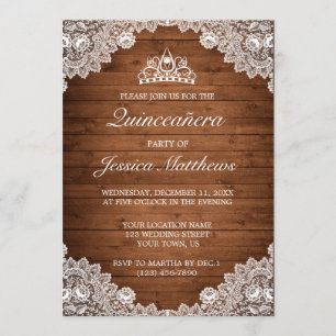 Invitación Madera rústica y encaje blanco Tiara Quinceañera