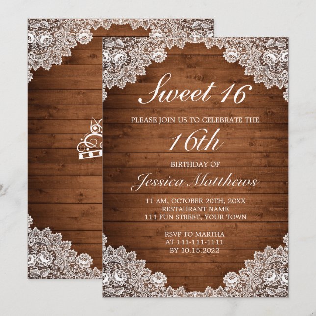 Invitación Madera rústica y encaje blanco Tiara Sweet 16 (Anverso / Reverso)