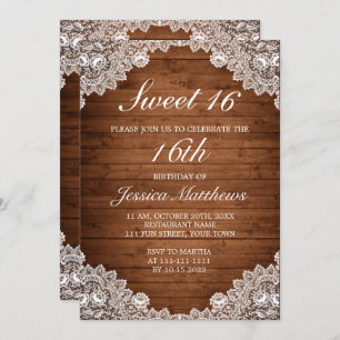 Invitación Madera rústica y encaje blanco Tiara Sweet 16