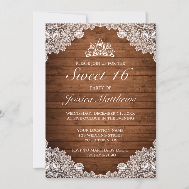 Invitación Madera rústica y encaje blanco Tiara Sweet 16 (Anverso)
