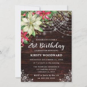 Invitación Madera Rústica y Flor de Nochebuena Cumpleaños 21