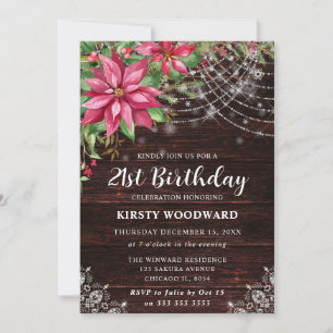 Invitación Madera Rústica y Flor de Nochebuena Cumpleaños 21