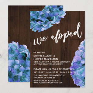 Invitación Madera Rústica y Hortensias Azules Nos Fugamos