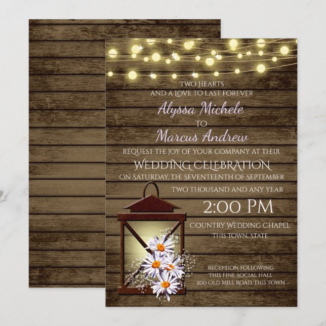 Invitación Madera rústica y linterna con margaritas (Anverso / Reverso)