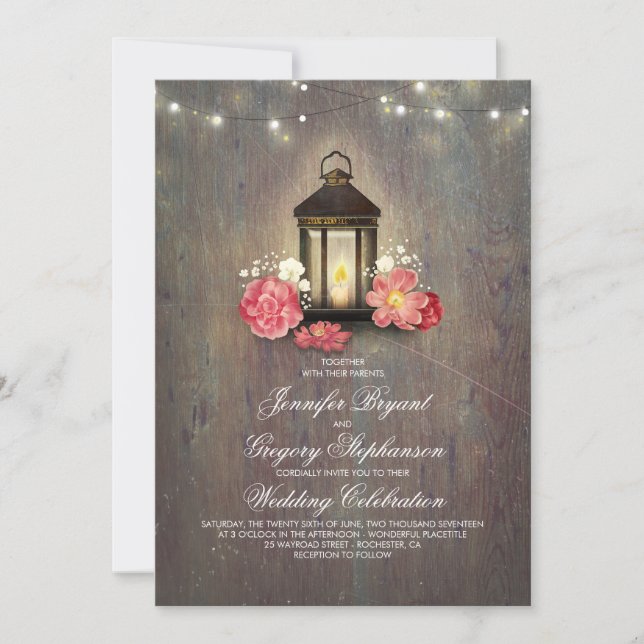 Invitación Madera rústica y luces de farolillos florales caen (Anverso)