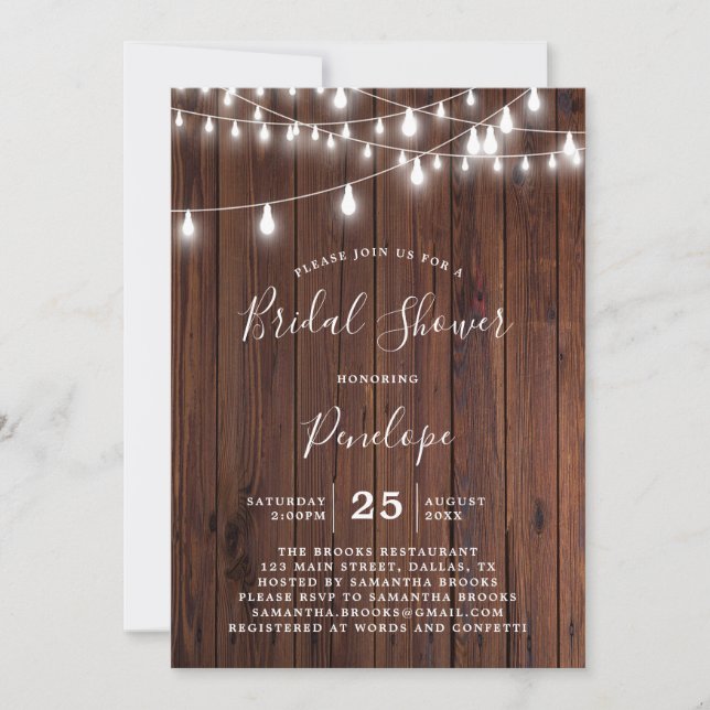 Invitación Madera Rústica Y Luces De Garland Ducha De Novias (Anverso)
