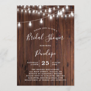 Invitación Madera Rústica Y Luces De Garland Ducha De Novias