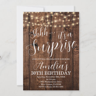 Invitación Madera Rústica y Luz de Cadena Sorpresa Cumpleaños