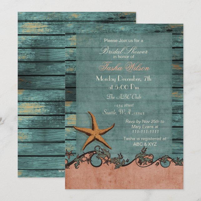 Invitación Madera Starfish Coral Rustic Beach Bridal Shower (Anverso / Reverso)