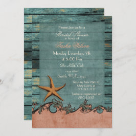 Invitación Madera Starfish Coral Rustic Beach Bridal Shower