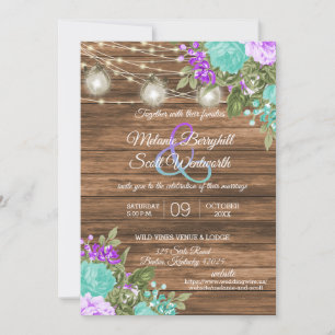 Invitación Madera, tarros de mason y Verde azulado, flores pú