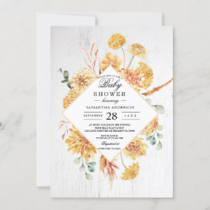 Invitación Madera Vintage y Acuarela Flores Amarillas Marco I
