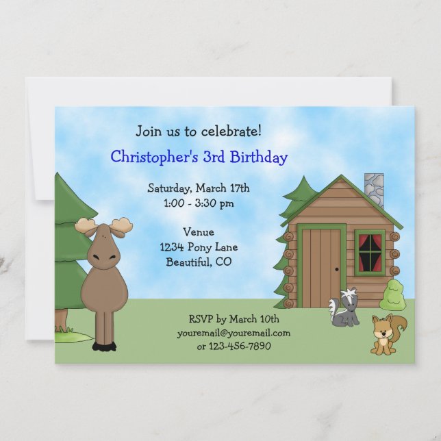 Invitación Madera y cabaña de animales de Woodland Cumpleaños (Anverso)