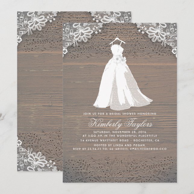 Invitación Madera y encaje rusos | Boda Gown Bridal Shower (Anverso / Reverso)