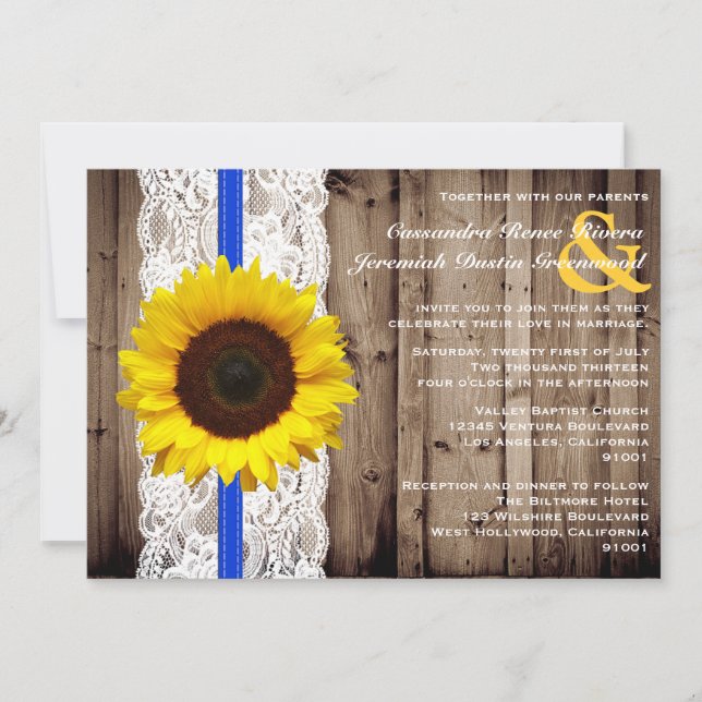 Invitación Madera y encaje rústicos con Boda de girasol (Anverso)