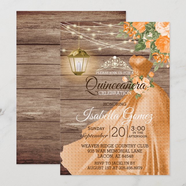 Invitación Madera y flores Naranjas de Quinceañera (Anverso / Reverso)