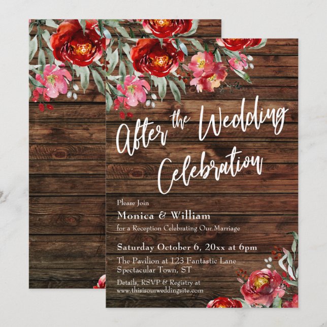 Invitación Madera y flores rojas después de la celebración de (Anverso / Reverso)