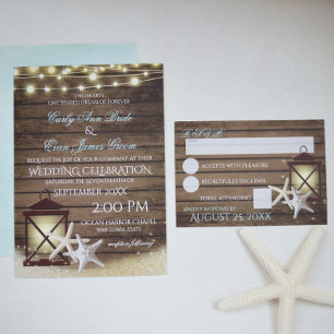 Invitación Madera y luces del océano Rústico Starfish