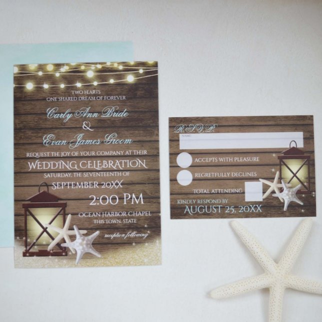 Invitación Madera y luces del océano Rústico Starfish (Subido por el creador)