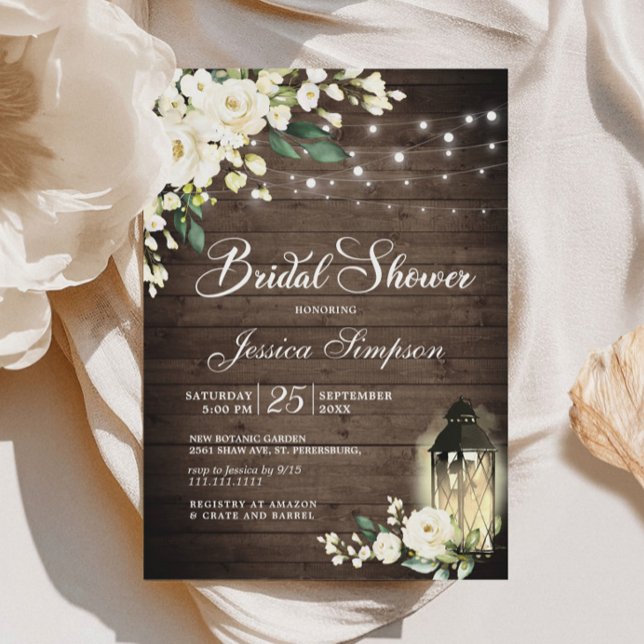 Invitación Madera y rosas blancas Linterna Ducha de novia (Subido por el creador)