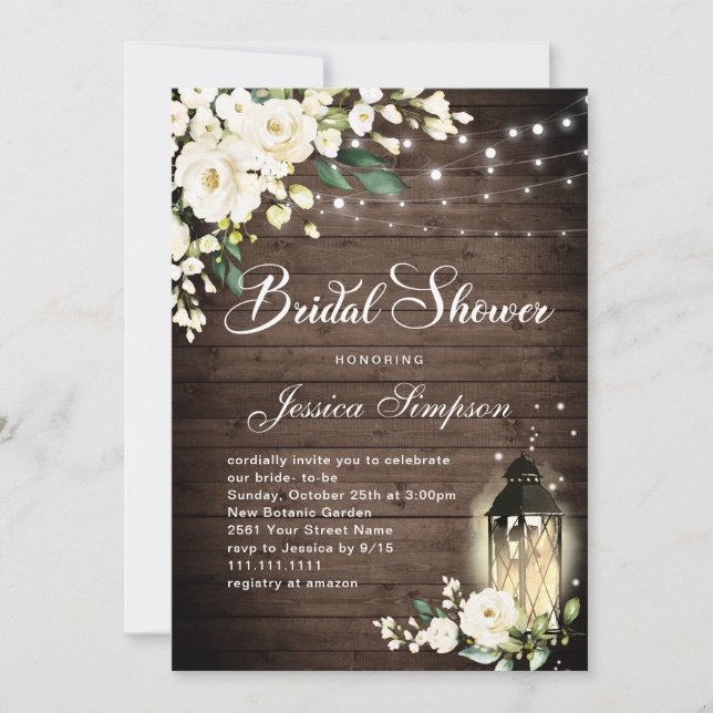 Invitación Madera y rosas blancas Linterna Ducha de novia (Anverso)
