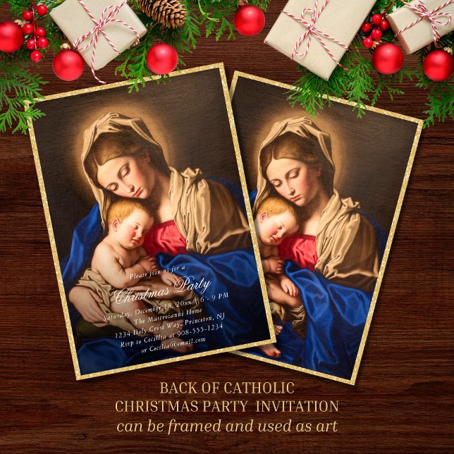 Invitación Madonna y Fiesta de Navidades religiosos infantile (Religious Christmas party invitation with Madonna and Child in red and gold for Catholics)