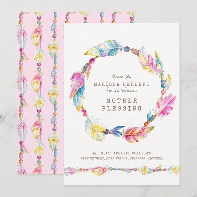 Invitación Madre bendiciendo plumas y cuentas arte colorido (Anverso / Reverso)