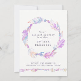 Invitación Madre bendiciendo plumas y cuentas arte púrpura