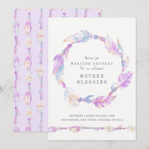 Invitación Madre bendiciendo plumas y cuentas arte púrpura