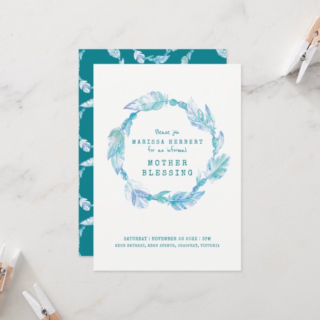 Invitación Madre bendiciendo plumas y cuentas arte verde azul (Anverso/Reverso In Situ)
