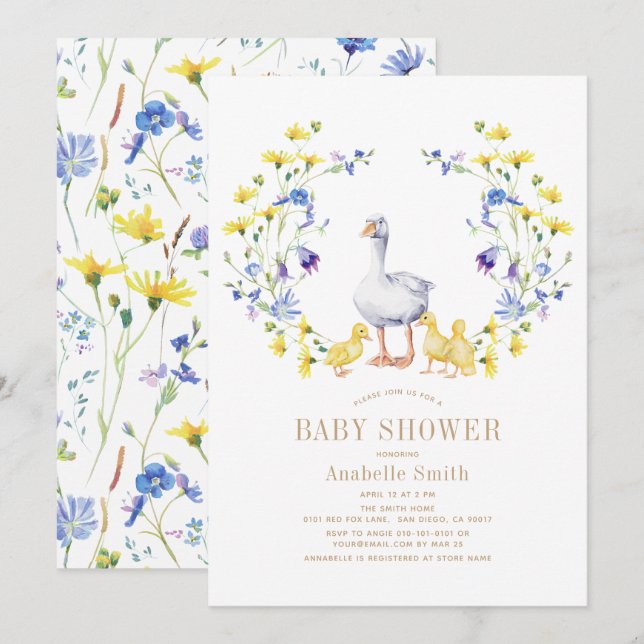 Invitación Madre Chica Floral Rhyme Goose Baby Shower (Anverso / Reverso)