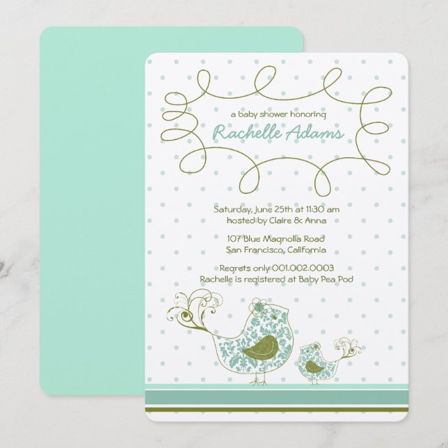 Invitación Madre De Damasco Azul Y Baby Shower De Moda De Páj (Anverso / Reverso)