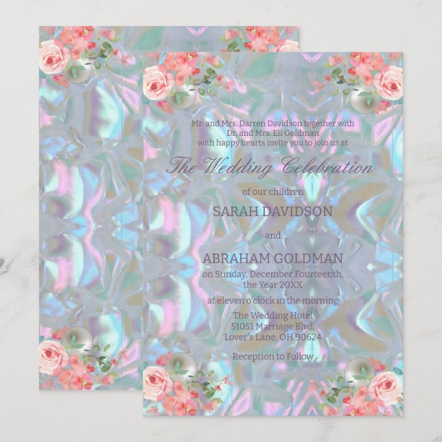 Invitación Madre de Perla Iridescente Elegante Boda (Anverso / Reverso)