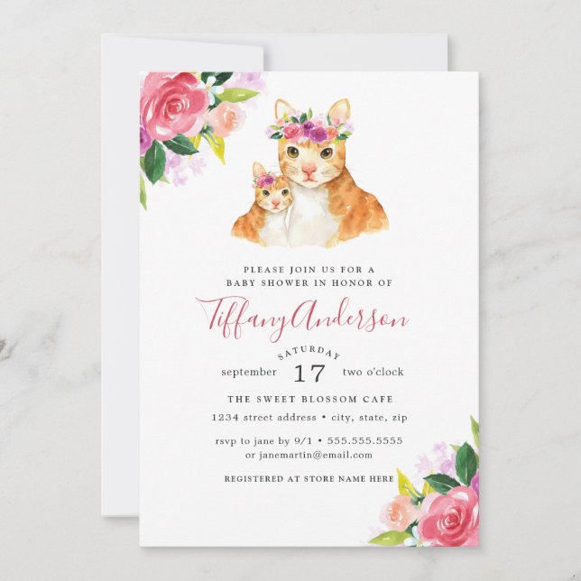 Invitación Madre Dulce Floral De Baby Shower Y Gato De Bebé (Anverso)