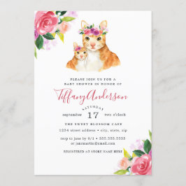 Invitación Madre Dulce Floral De Baby Shower Y Gato De Bebé