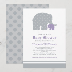Invitación Madre Elefante Gris Púrpura Dots Baby Shower